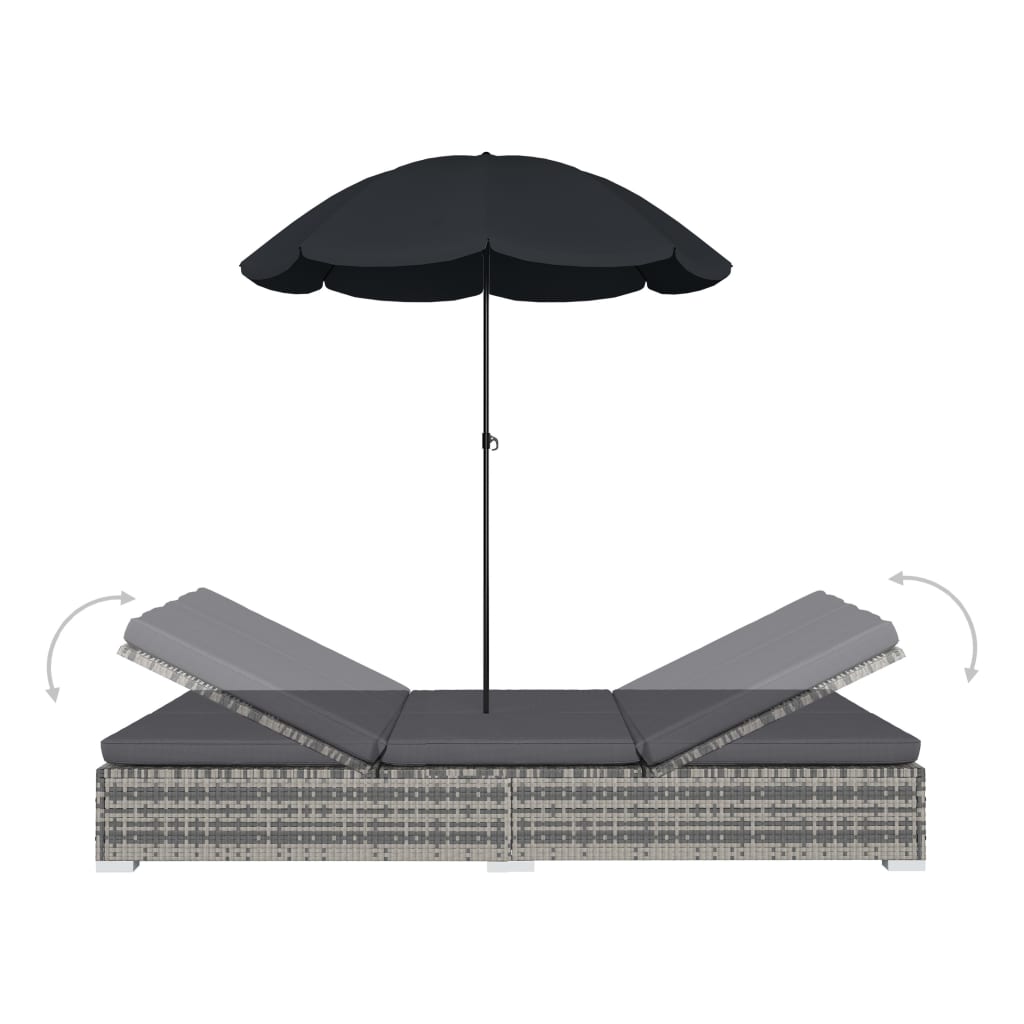 vidaXL Leżak ogrodowy z parasolem, polirattan, szary