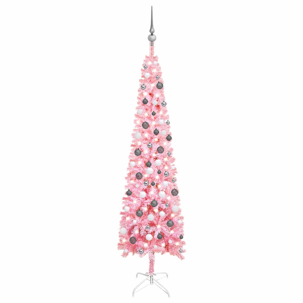 vidaXL Smukła choinka z lampkami i bombkami, różowa, 210 cm