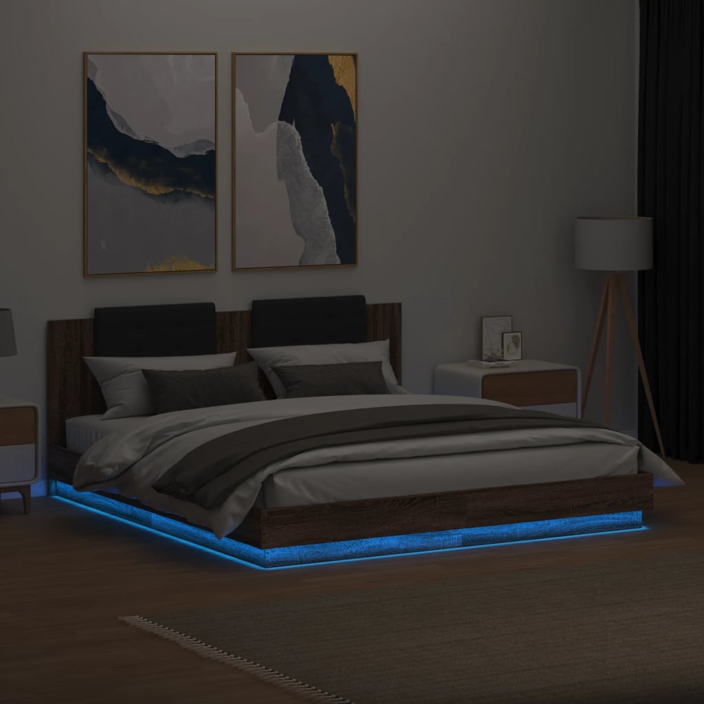vidaXL Rama łóżka z wezgłowiem i LED, brązowy dąb, 160x200 cm