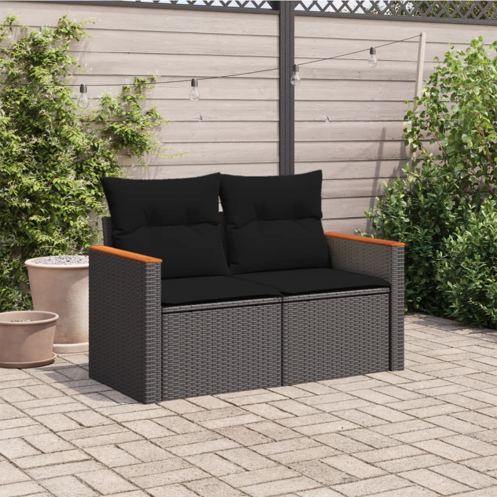 vidaXL Sofa ogrodowa z poduszkami, 2-osobowa, czarna, polirattan