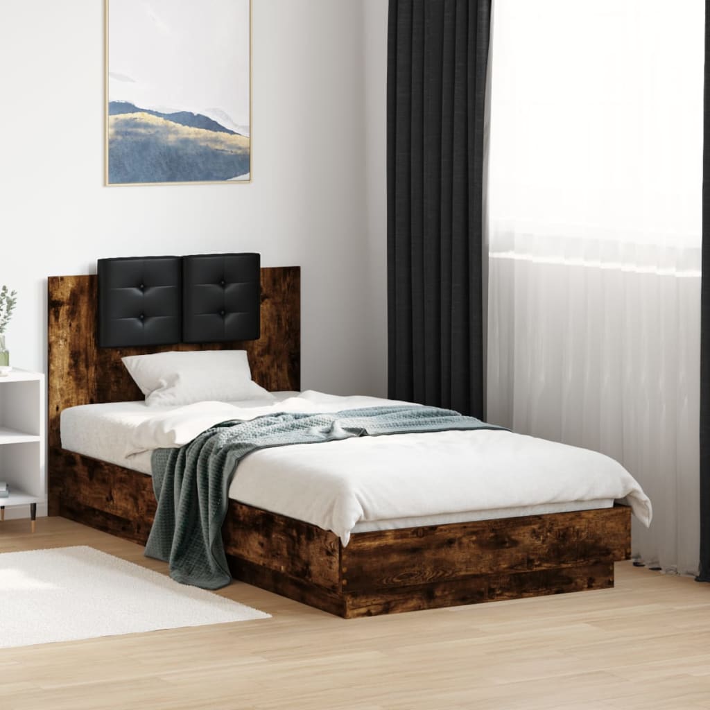 vidaXL Rama łóżka z wezgłowiem i LED, przydymiony dąb, 75x190 cm