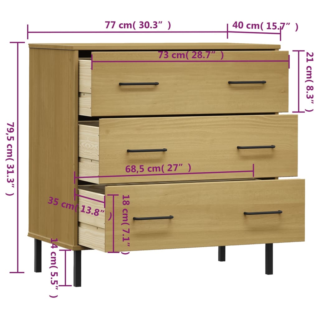 vidaXL Komoda OSLO z 3 szufladami, brązowa, 77x40x79,5 cm, lite drewno