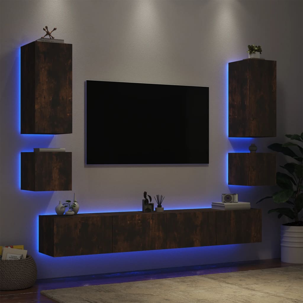 vidaXL 6-cz. zestaw mebli TV z oświetleniem LED, przydymiony dąb