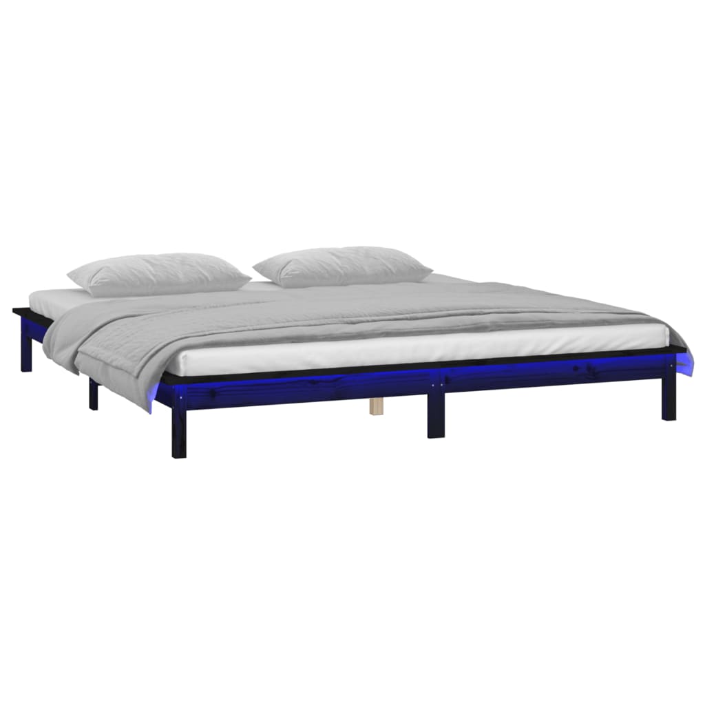 vidaXL Rama łóżka z LED, czarna, 135x190 cm, podwójna, lite drewno