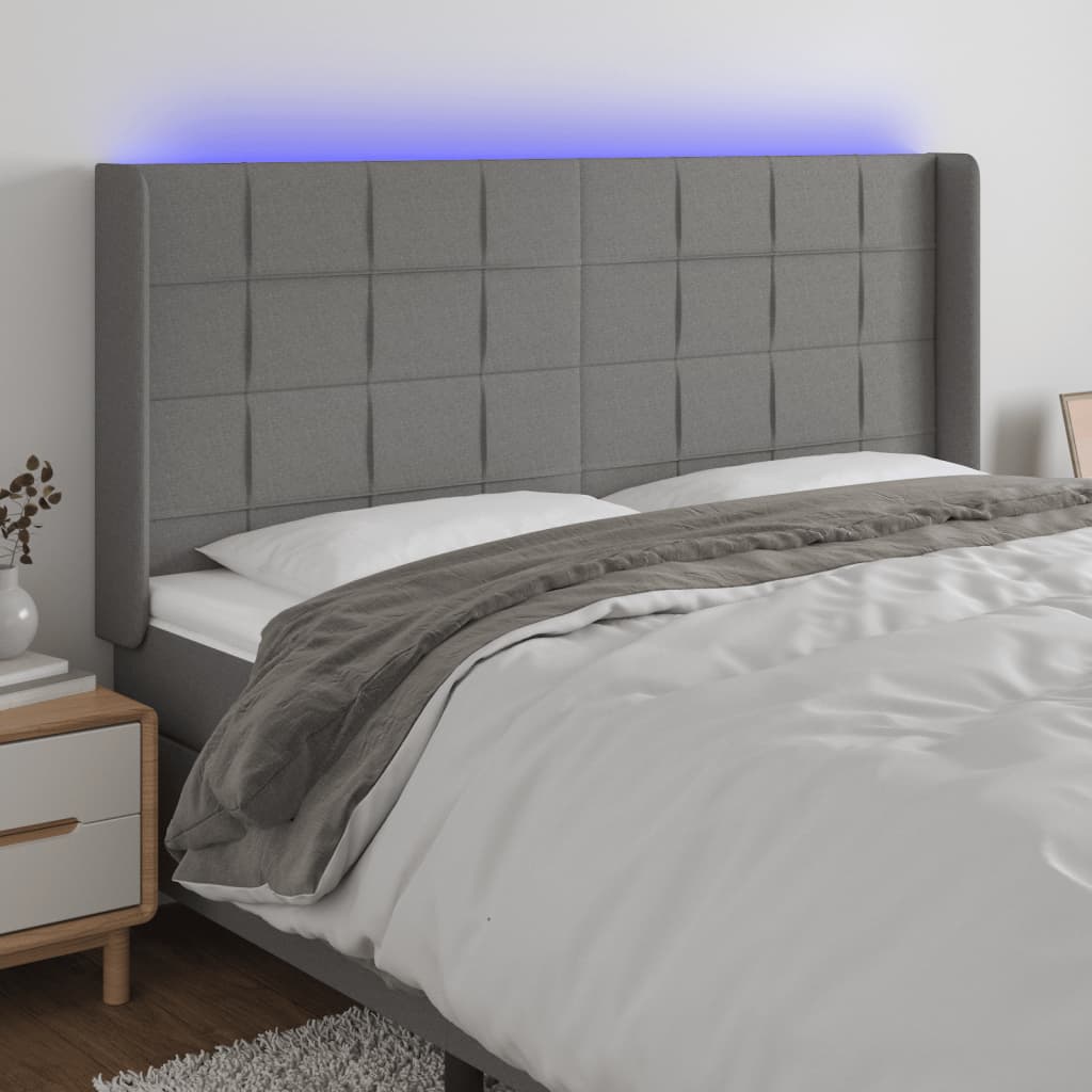vidaXL Zagłówek do łóżka z LED, ciemnoszary, 163x16x118/128cm, tkanina