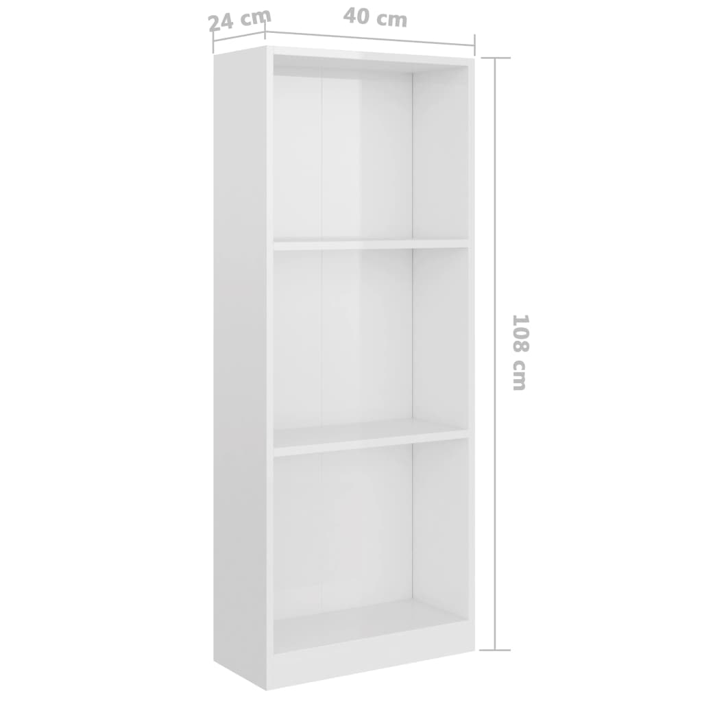 vidaXL Regał na książki, 3 półki, biały, wysoki połysk, 40x24x108 cm
