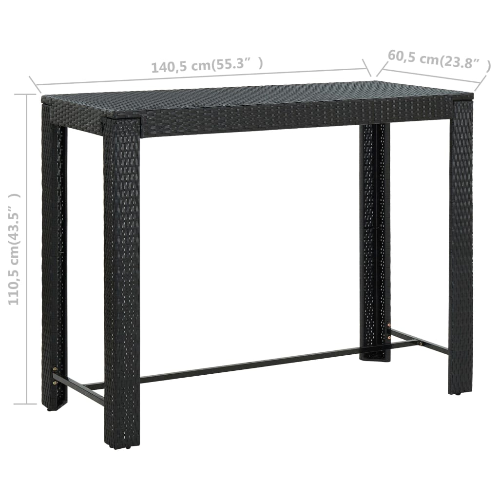 vidaXL Ogrodowy stolik barowy, czarny, 140,5x60,5x110,5 cm, rattan PE