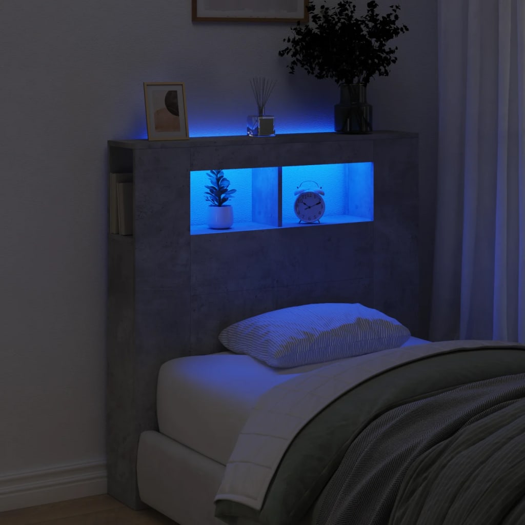vidaXL Wezgłowie łóżka z LED, szarość betonu, 100x18,5x103,5 cm