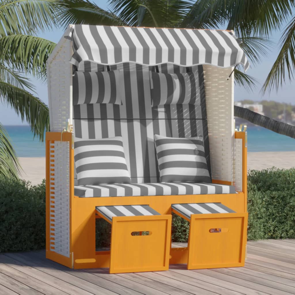 vidaXL Kosz plażowy z poduszkami, rattan PE i drewno, biało-szary