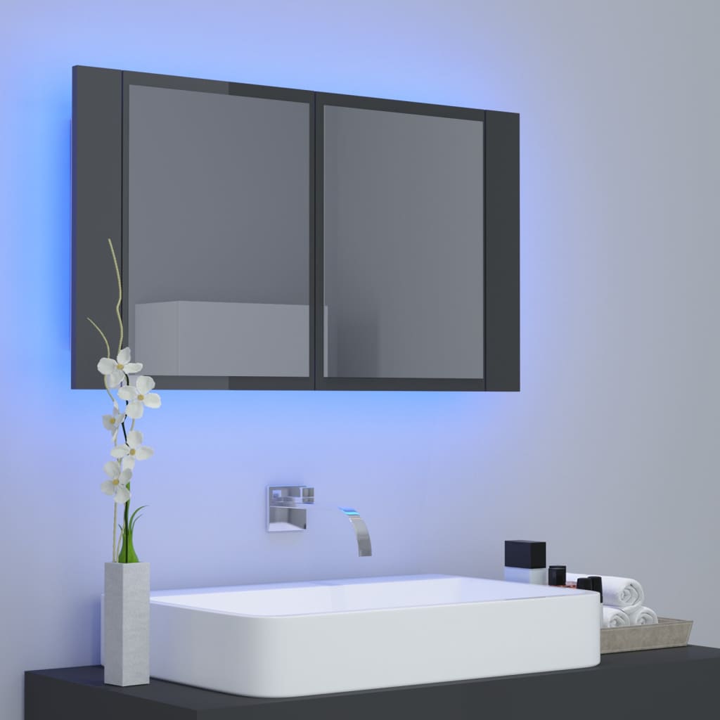 vidaXL Szafka łazienkowa z lustrem i LED, połysk, szara, 80x12x45 cm