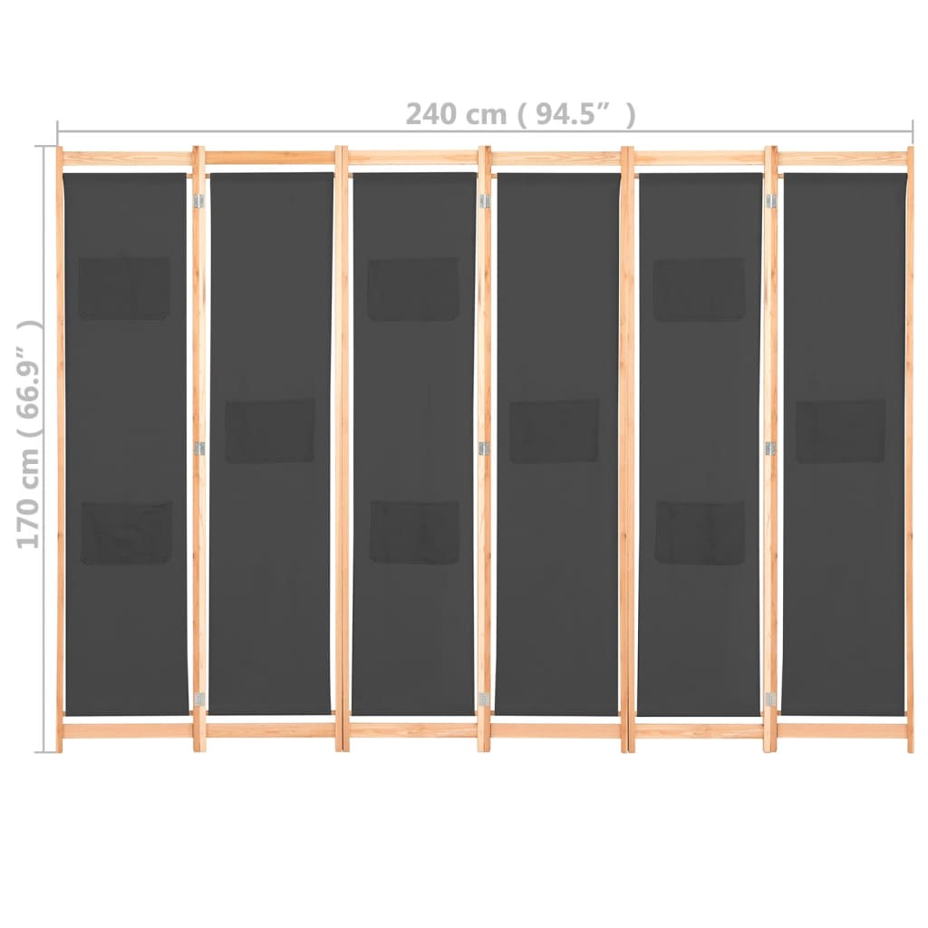 vidaXL Parawan 6-panelowy, szary, 240 x 170 x 4 cm, tkanina
