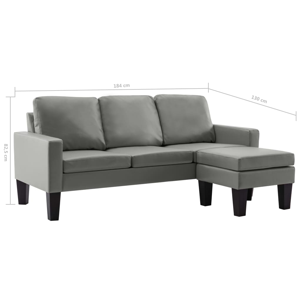 vidaXL 3-osobowa sofa z podnóżkiem, szara, sztuczna skóra