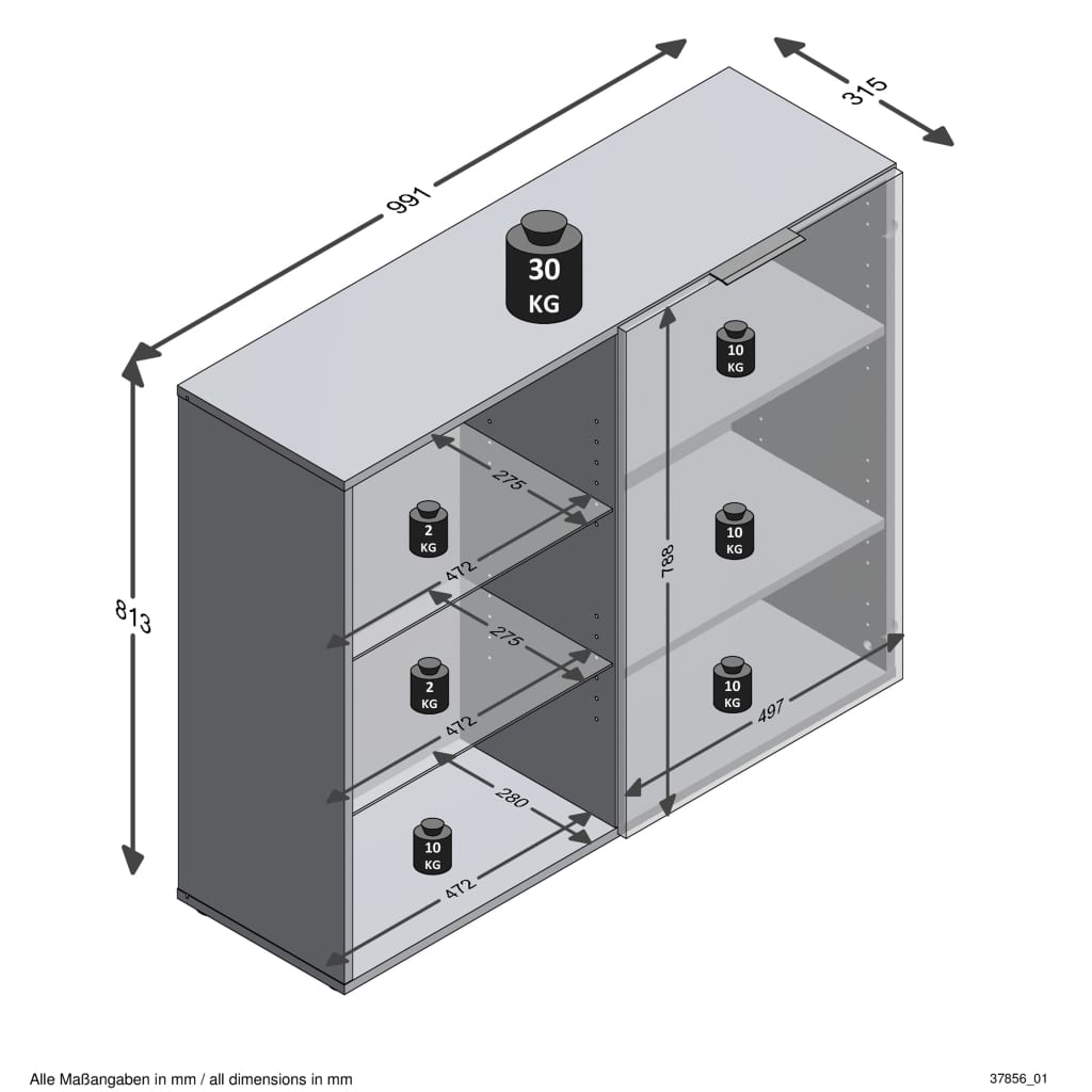 FMD Szafka z 1 drzwiczkami i otwartymi półkami, czarna