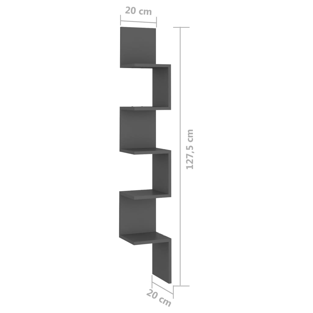 vidaXL Narożna półka ścienna, szara, 20x20x127,5 cm, płyta wiórowa