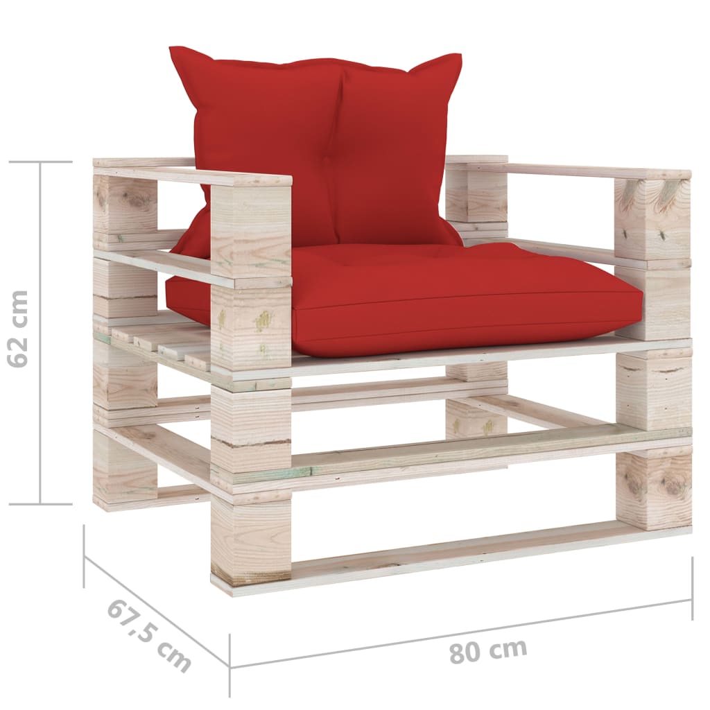 vidaXL Sofa ogrodowa z palet, czerwone poduszki, drewno sosnowe