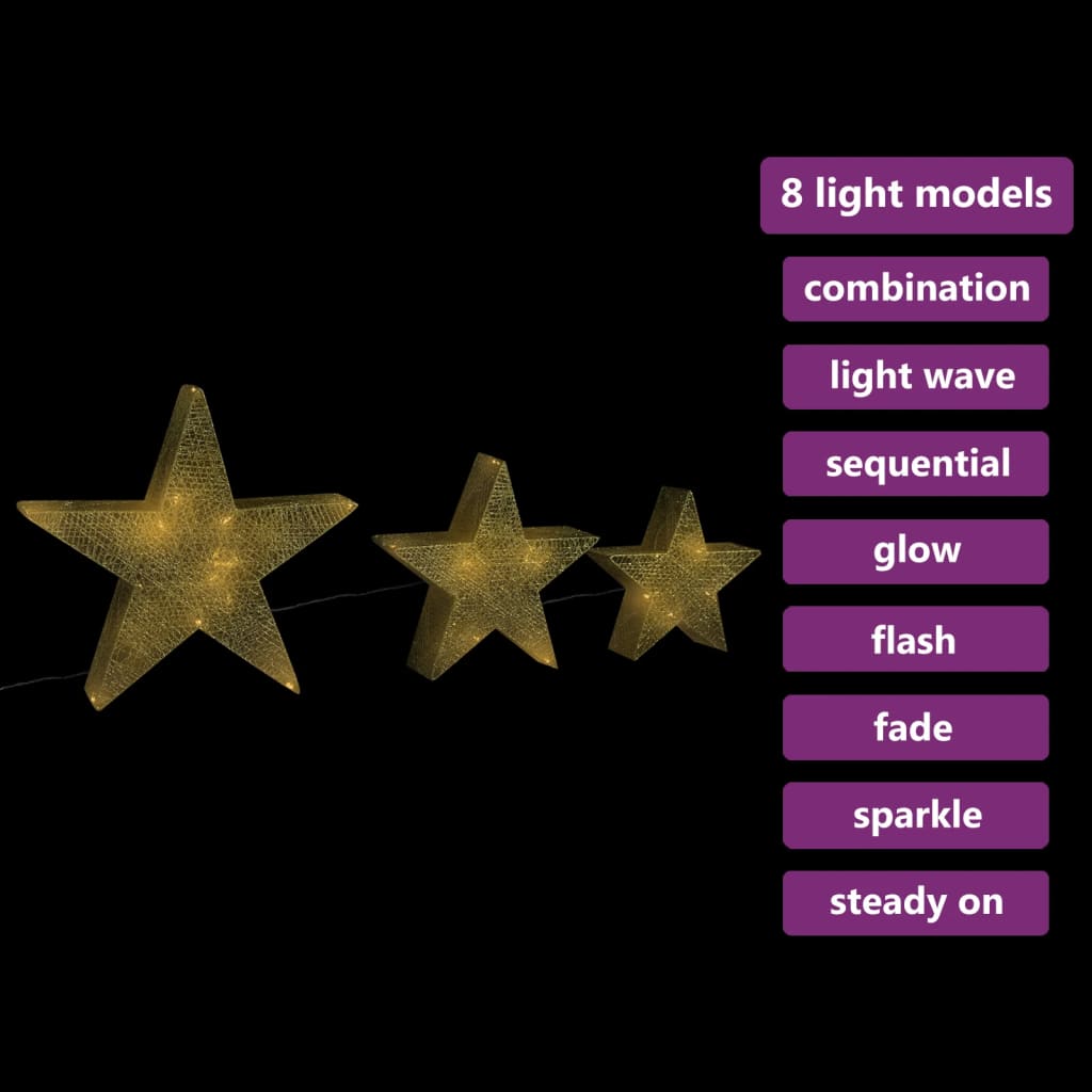 vidaXL Dekoracja świąteczna: 3 gwiazdy, złota siatka z LED