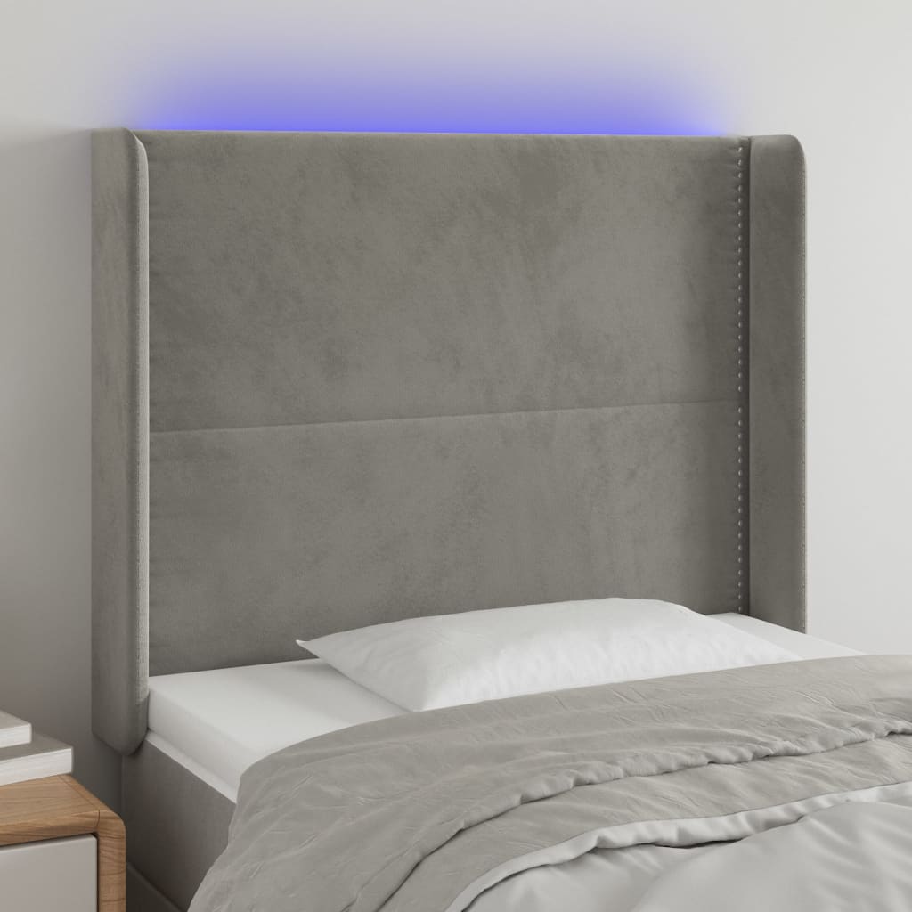 vidaXL Zagłówek do łóżka z LED, jasnoszary, 93x16x118/128 cm, aksamit