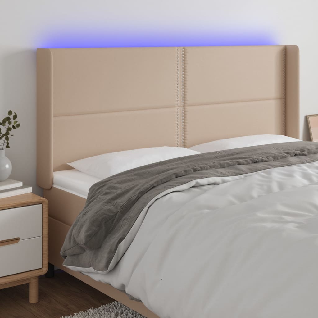 vidaXL Zagłówek do łóżka z LED, cappuccino, 163x16x118/128cm, ekoskóra