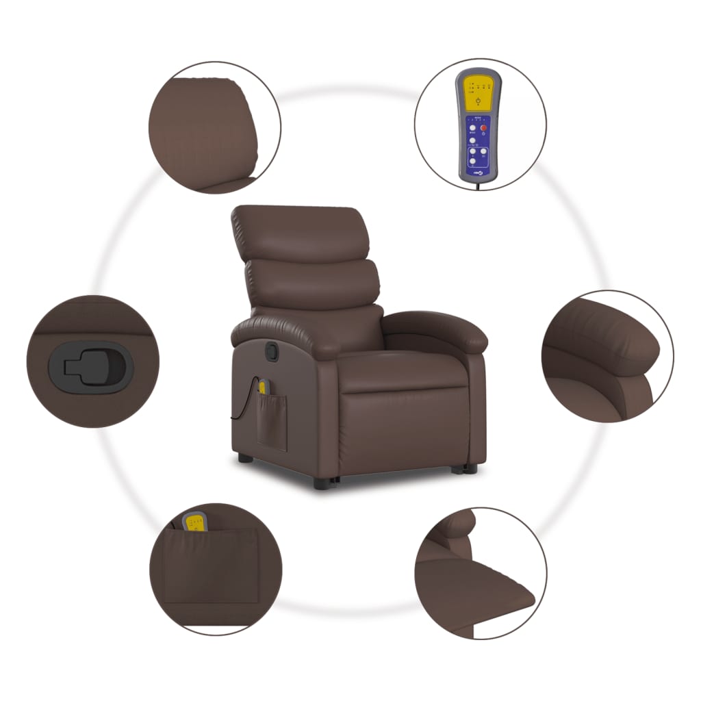 vidaXL Podnoszony fotel masujący, rozkładany, brązowy, ekoskóra