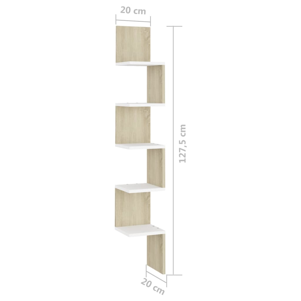 vidaXL Narożna półka ścienna, biel i dąb sonoma, 20x20x127,5 cm