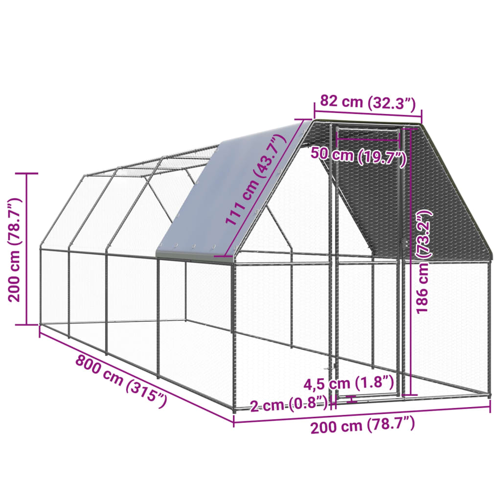 vidaXL Klatka zewnętrzna dla kurcząt, 2x8x2 m, stal galwanizowana
