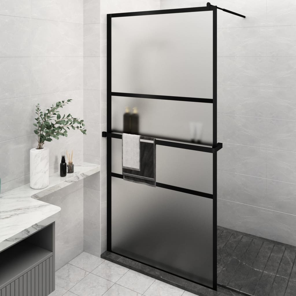 vidaXL Ścianka prysznicowa z półką, czarna, 115x195 cm ESG i aluminium