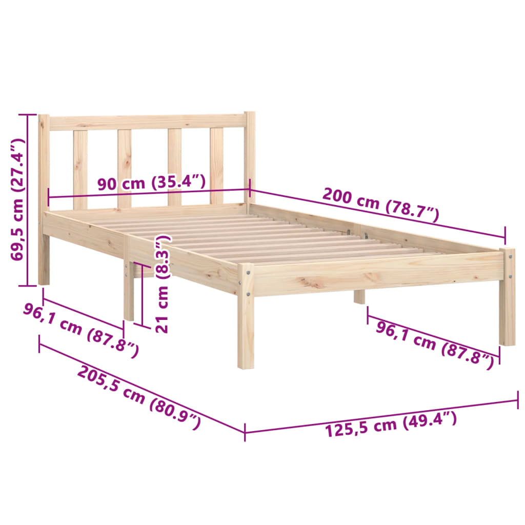 vidaXL Rama łóżka z litego drewna sosnowego, 90x200 cm