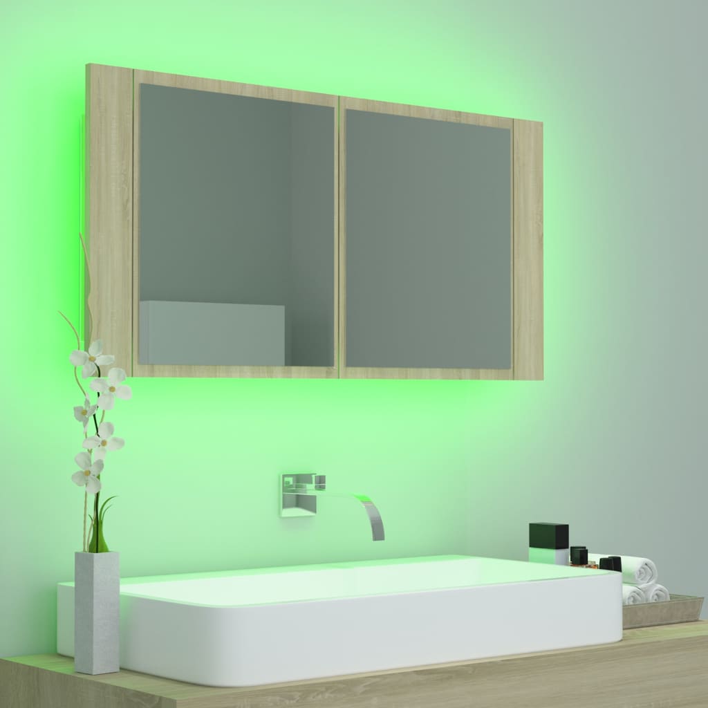 vidaXL Szafka łazienkowa z lustrem i LED, dąb sonoma, 90x12x45 cm