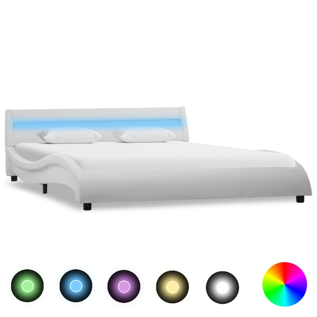 vidaXL Rama łóżka LED, biała, sztuczna skóra, 140 x 200 cm