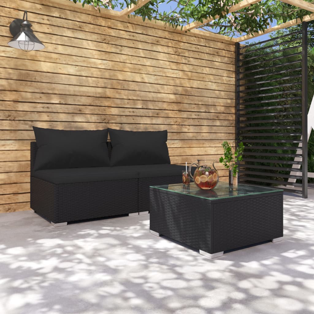vidaXL 3-cz. zestaw wypoczynkowy do ogrodu, poduszki, czarny rattan PE