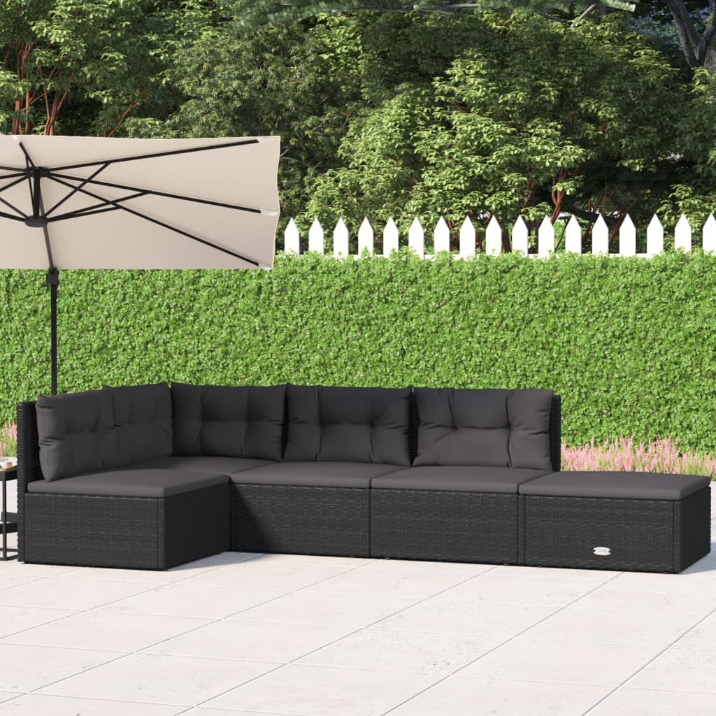 vidaXL 5-cz. zestaw wypoczynkowy do ogrodu, poduszki, czarny rattan PE