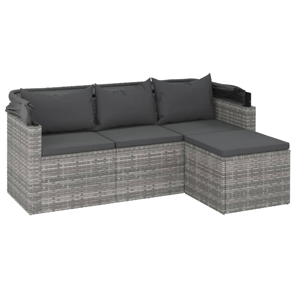 vidaXL 3-os. sofa ogrodowa z daszkiem i podnóżkiem, szara, polirattan