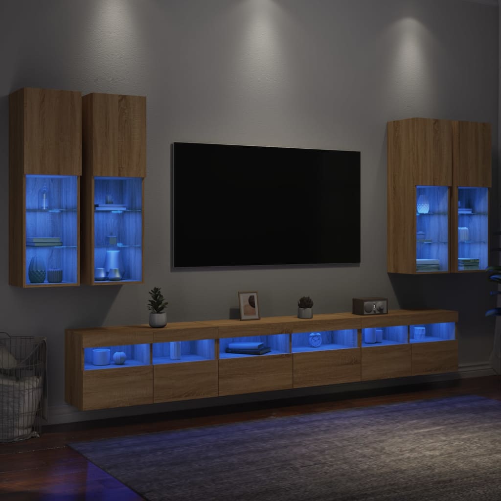 vidaXL 7-cz. zestaw ściennych szafek TV z oświetleniem LED, dąb sonoma