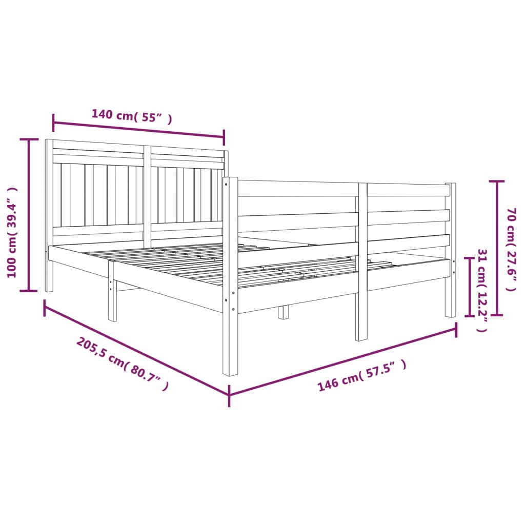 vidaXL Rama łóżka, biała, lite drewno, 140x200 cm