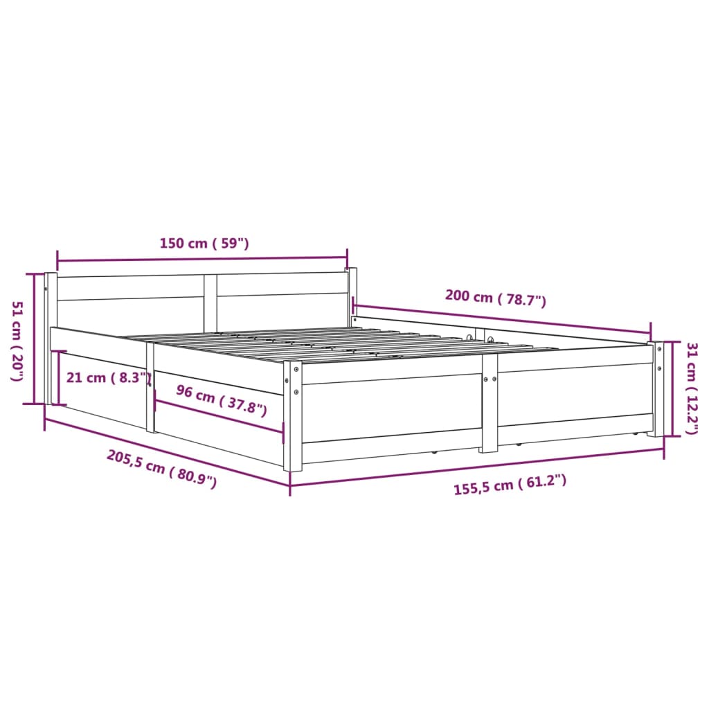 vidaXL Rama łóżka z szufladami, czarna, 150x200 cm