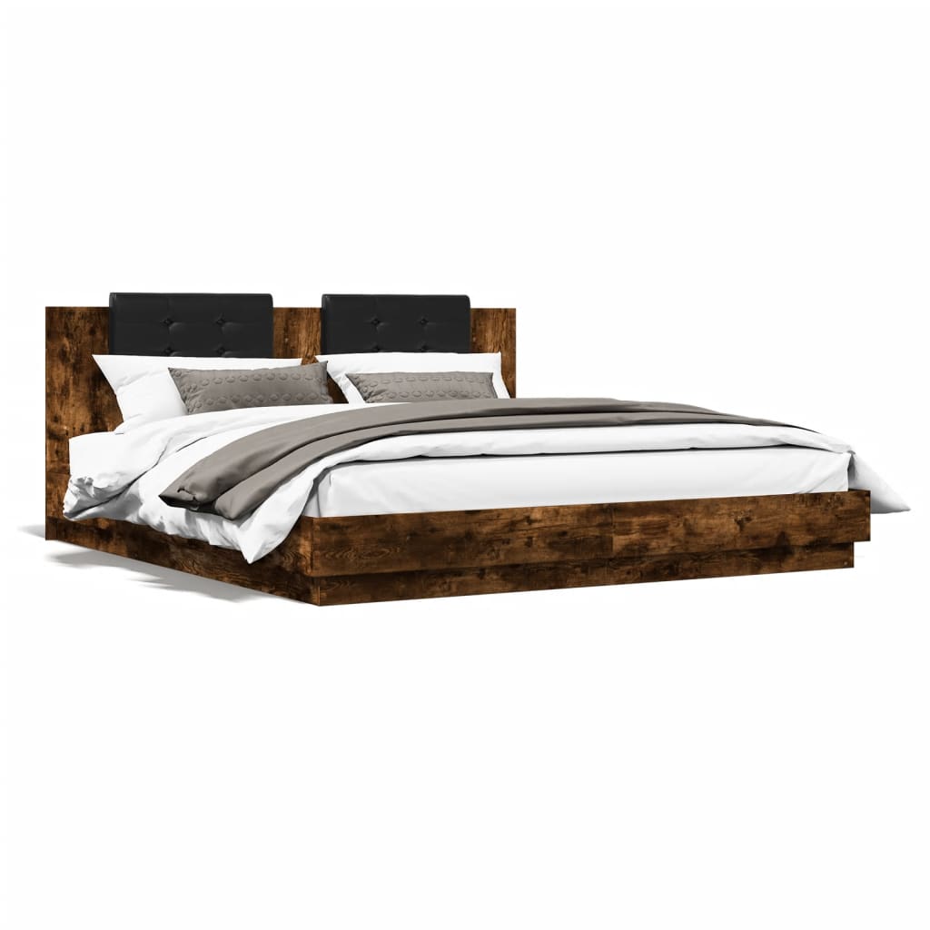 vidaXL Rama łóżka z wezgłowiem i LED, przydymiony dąb, 180x200 cm