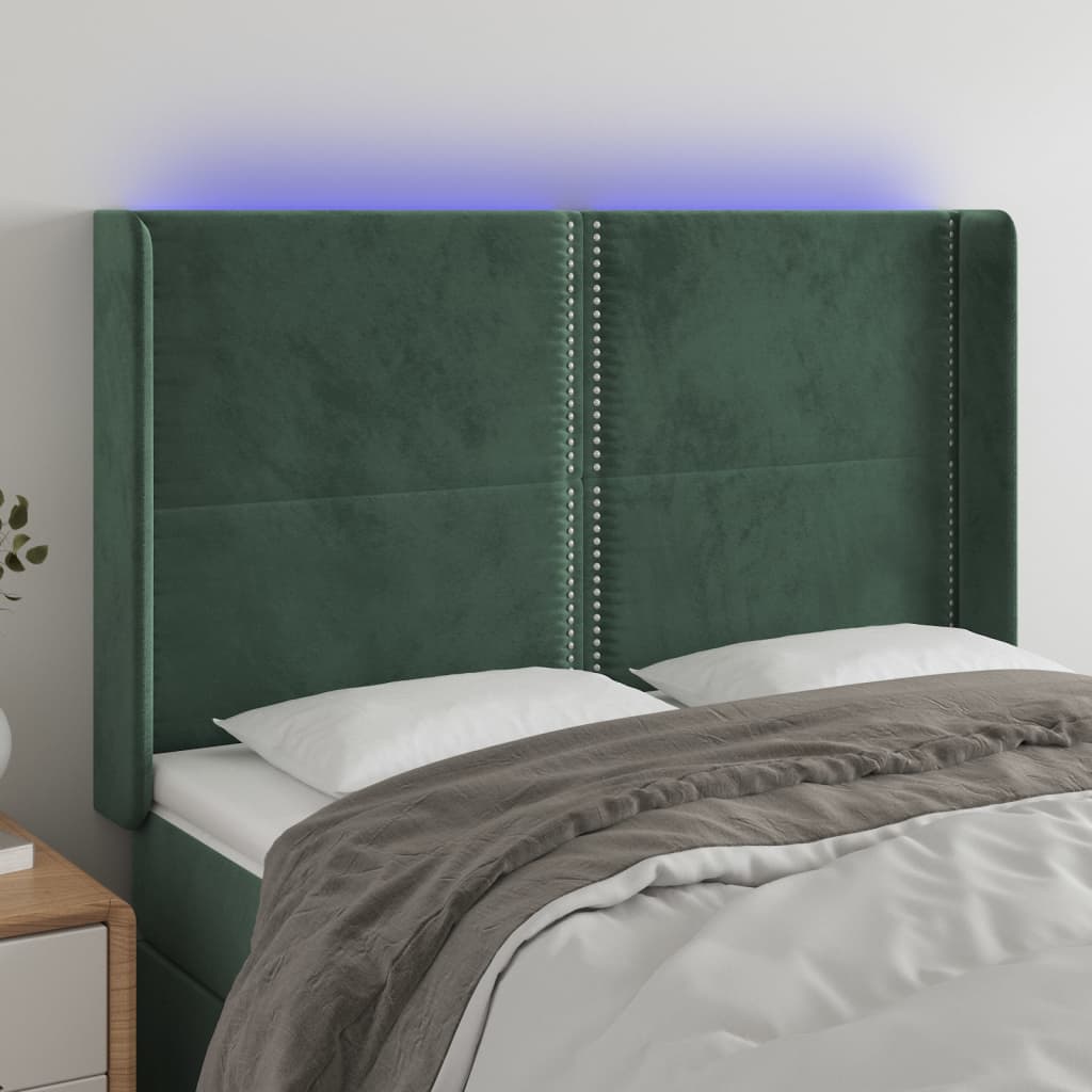 vidaXL Zagłówek do łóżka z LED, ciemnozielony 147x16x118/128cm aksamit