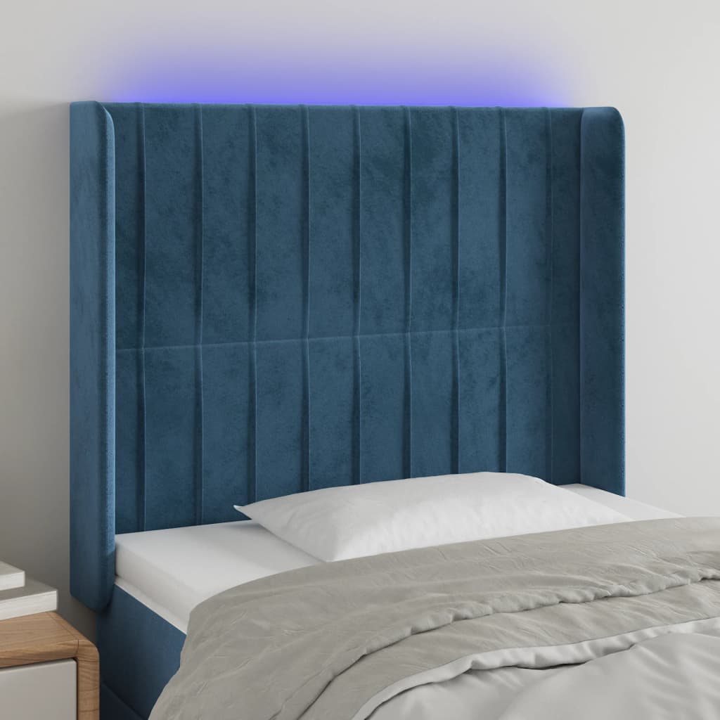 vidaXL Zagłówek do łóżka z LED ciemnoniebieski 83x16x118/128cm tkanina