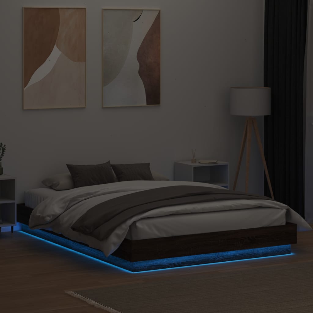vidaXL Rama łóżka z oświetleniem LED, brązowy dąb, 150x200 cm