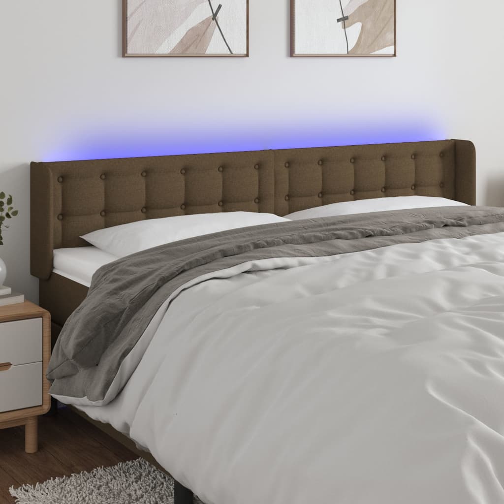 vidaXL Zagłówek do łóżka z LED, ciemnobrązowy, 203x16x78/88cm, tkanina