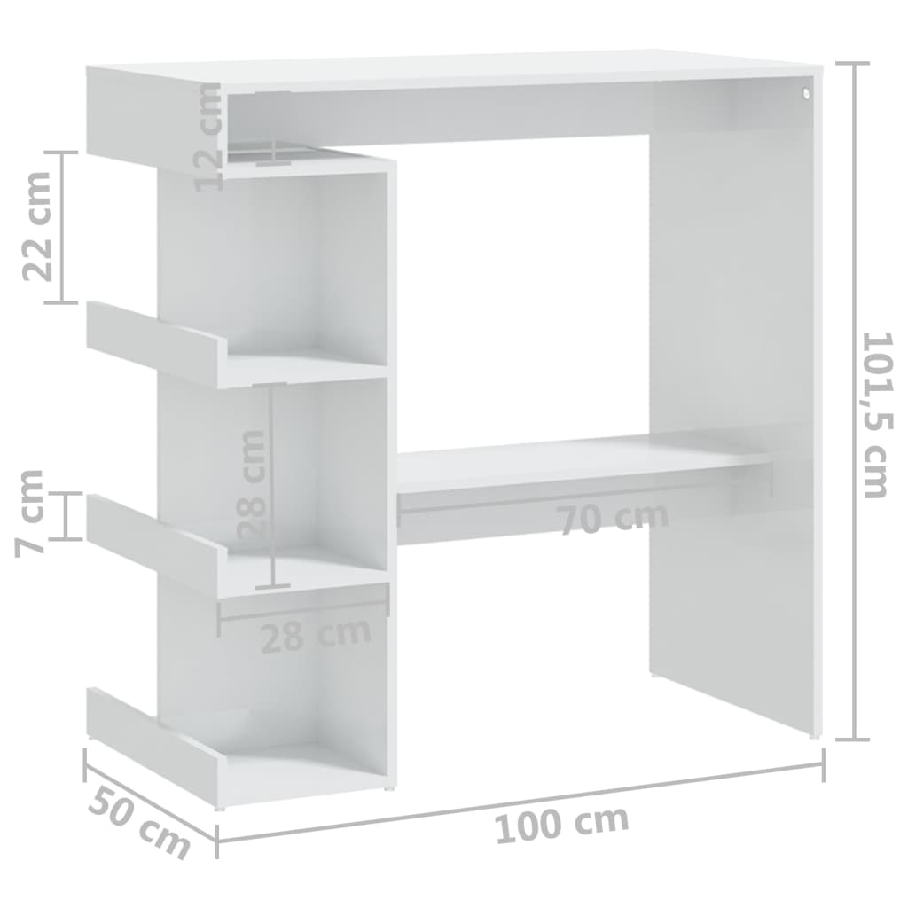 vidaXL Stolik barowy z półkami, wysoki połysk, biały, 100x50x101,5 cm