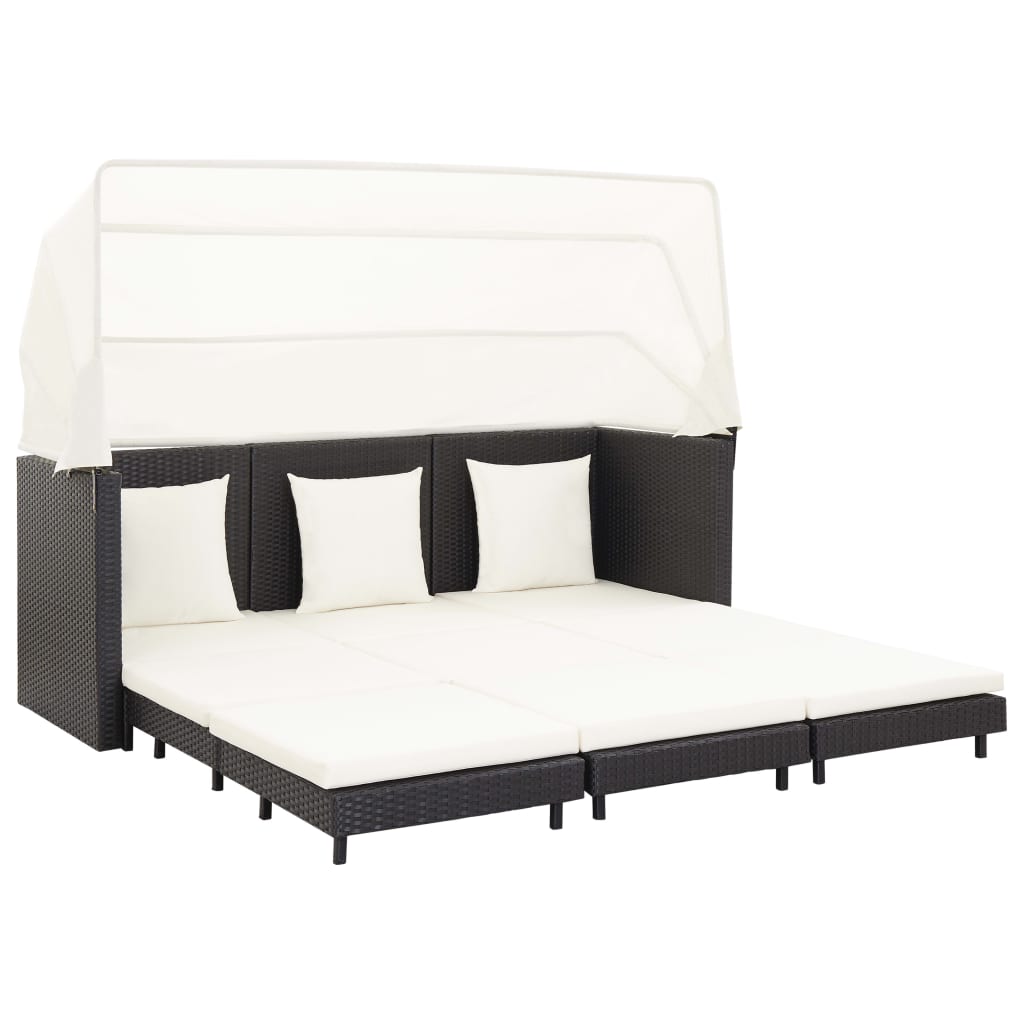 vidaXL Rozkładane łóżko ogrodowe z zadaszeniem, rattan PE, czarne