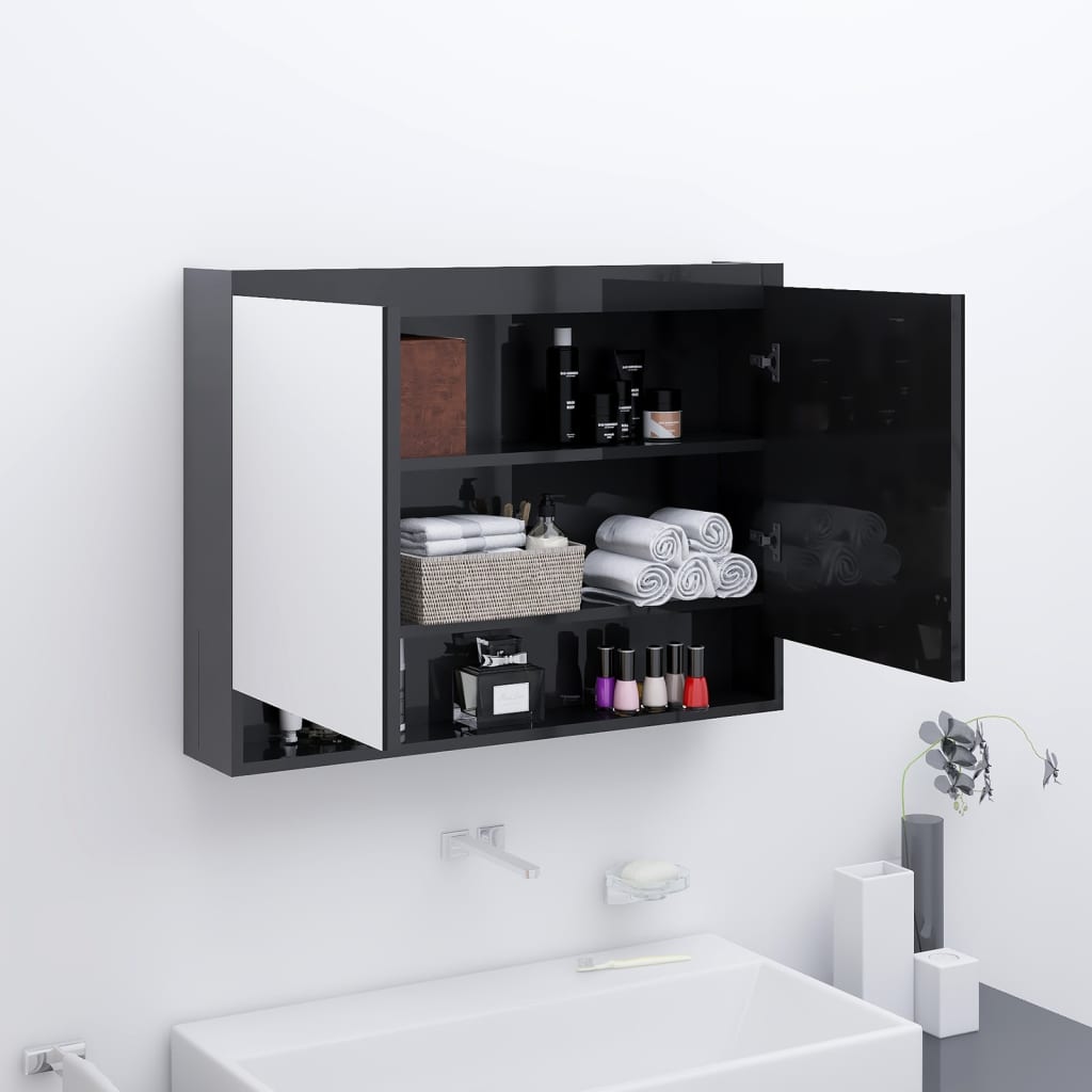vidaXL Szafka łazienkowa z lustrem 80x15x60 cm, MDF, czerń z połyskiem