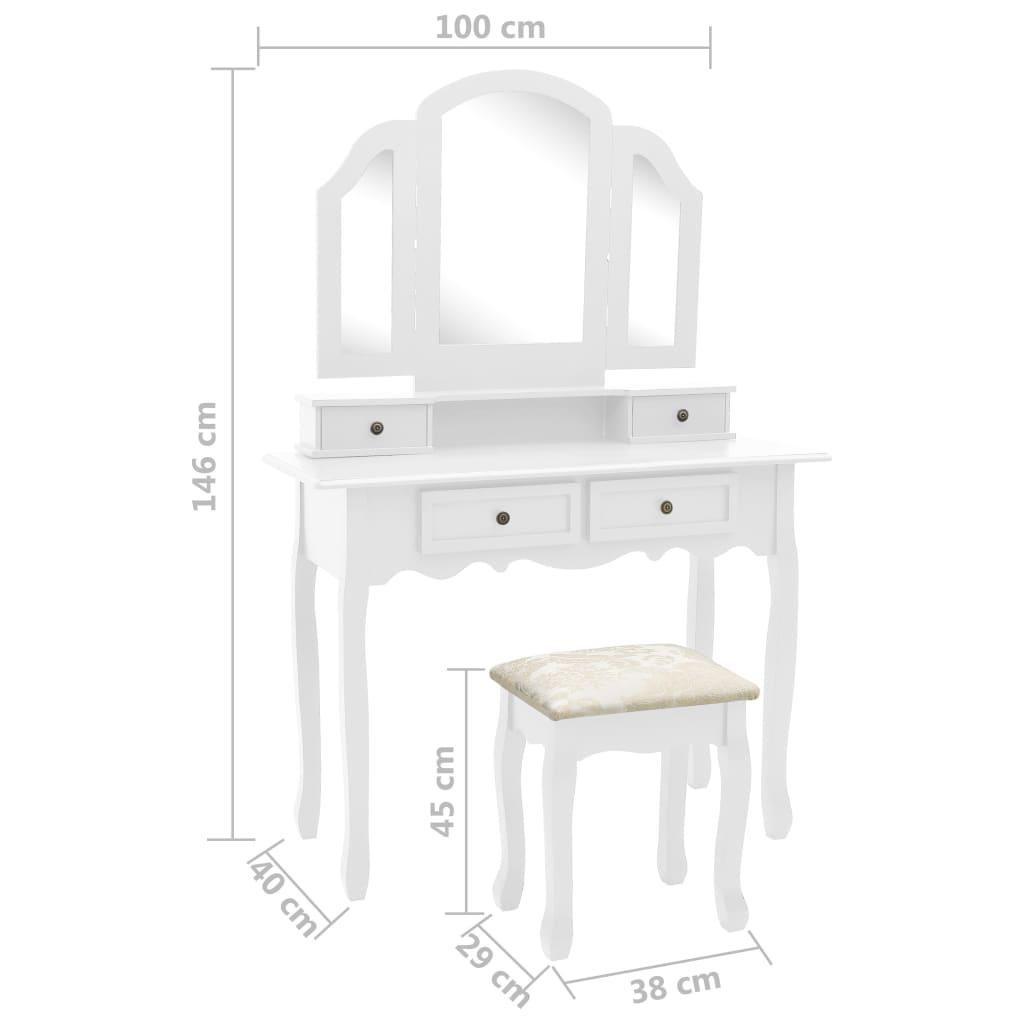 vidaXL Toaletka ze stołkiem, biała, 100x40x146 cm, drewno paulowni