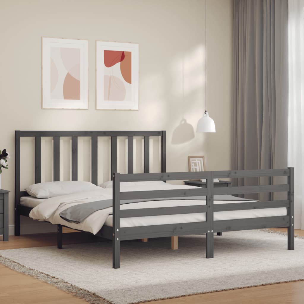 vidaXL Rama łóżka z wezgłowiem, szara, 160x200 cm, lite drewno