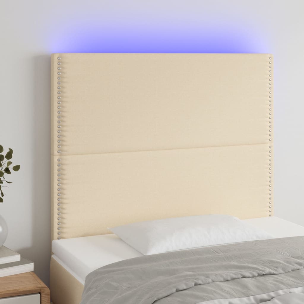 vidaXL Zagłówek do łóżka z LED, kremowy, 90x5x118/128 cm, tkanina