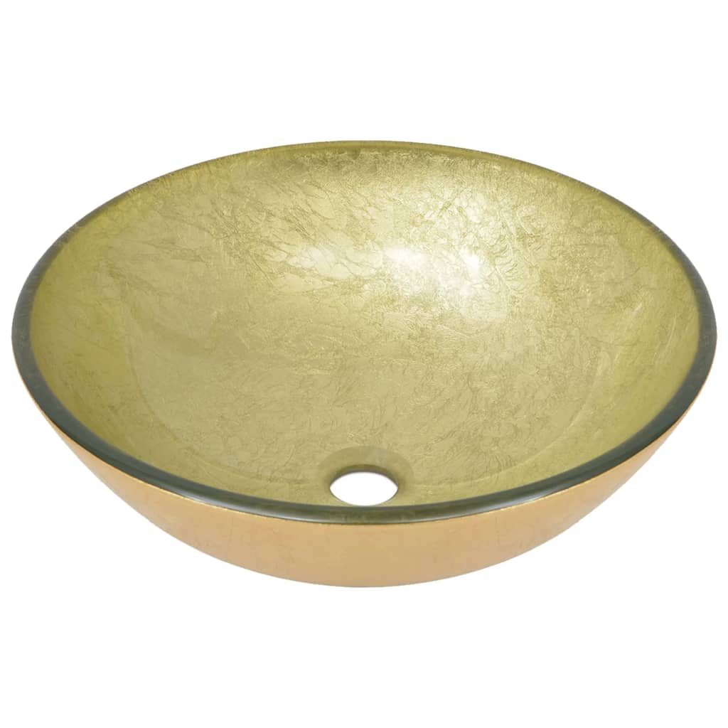 vidaXL Umywalka łazienkowa z kranem i korkiem, złota, szkło hartowane