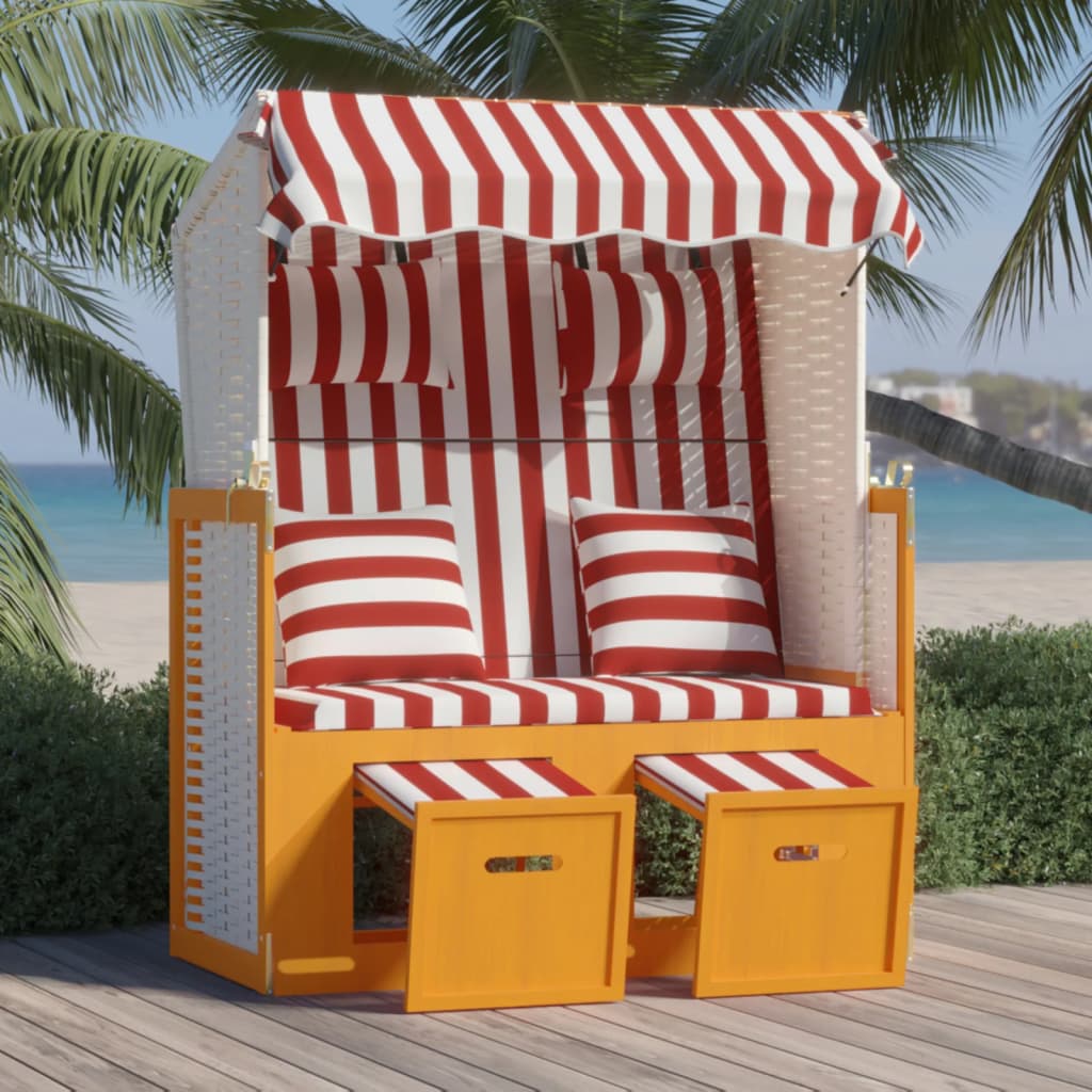 vidaXL Kosz plażowy z poduszkami, rattan PE i drewno, czerwono-biały