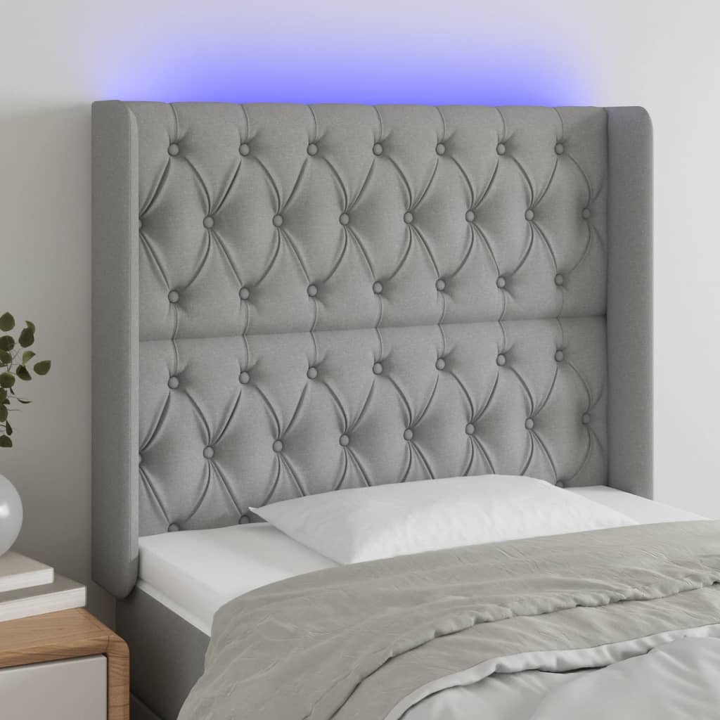 vidaXL Zagłówek do łóżka z LED, jasnoszary, 103x16x118/128 cm, tkanina