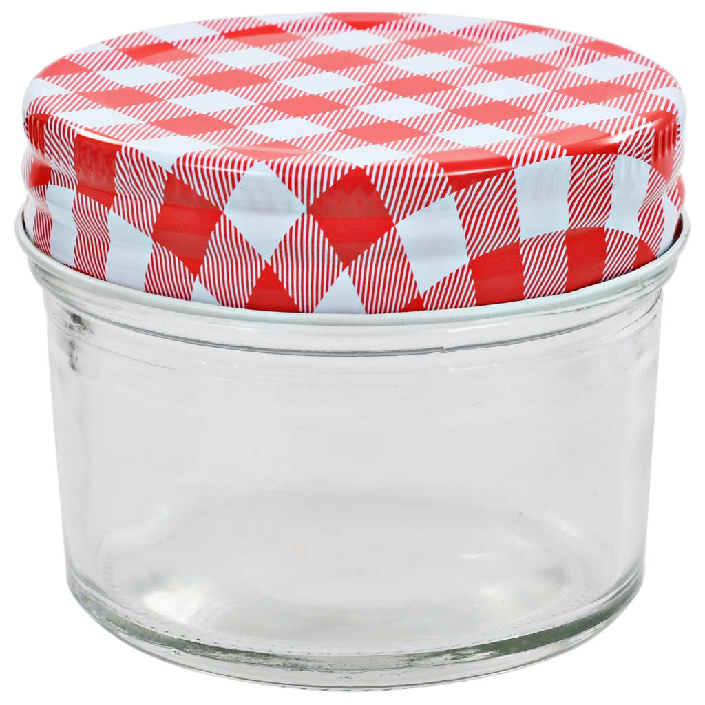 vidaXL Szklane słoiki na dżem, biało-czerwone pokrywki, 48 szt, 110 ml